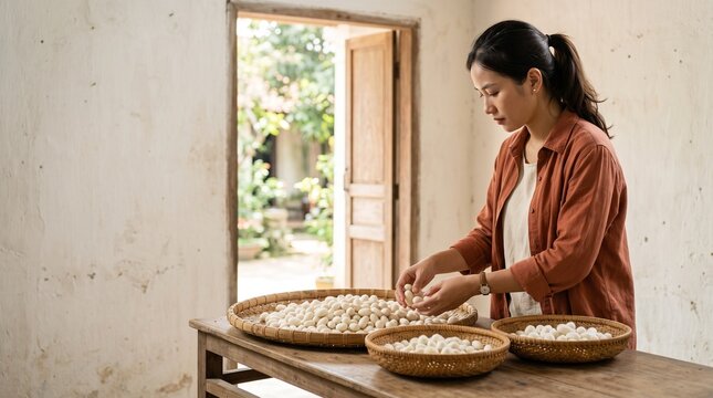 Sericulture worker sorts selected cocoons for fiber processing