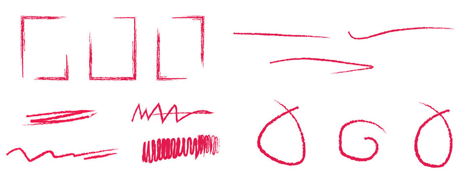 Marker pen underline and strikethrough strokes. Hand drawn collection of different scribble lines and brush strokes. Crosses, oval and strikethroughs.