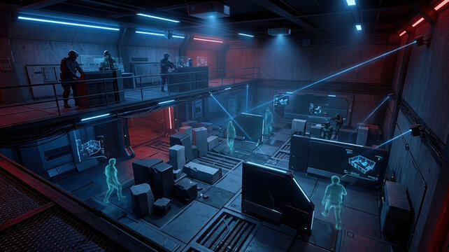 Split-level tactical vr chamber with adaptive ai adversary silhouettes, reactive rubble cover, scanning beams, and floating map fragments in a military training environment.
