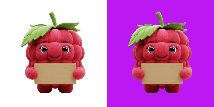 Cute raspberry cartoon character holding wooden sign for text on purple background