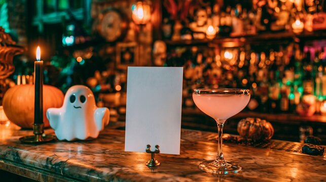 Halloween cocktail with ghost decoration and pumpkins on bar counter  