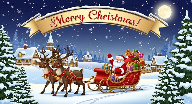 Santa claus flying with reindeer in a snowy christmas village under a starry night sky