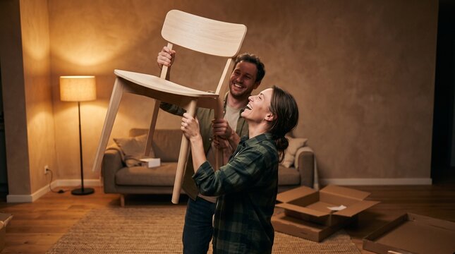 Couple raises an assembled chair like a trophy