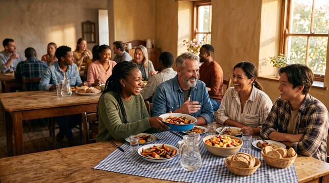 Workers share a meal at a community potluck table
