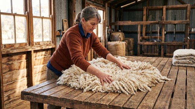 Wool classer spreads merino fleece for sorting