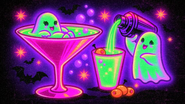 Neon alien cocktail with ghost and candy in a spooky Halloween scene  