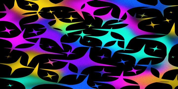 Abstract seamless pattern with vibrant holographic neon stars and sparkles on black background. Horizontal banner print for party and web cover.