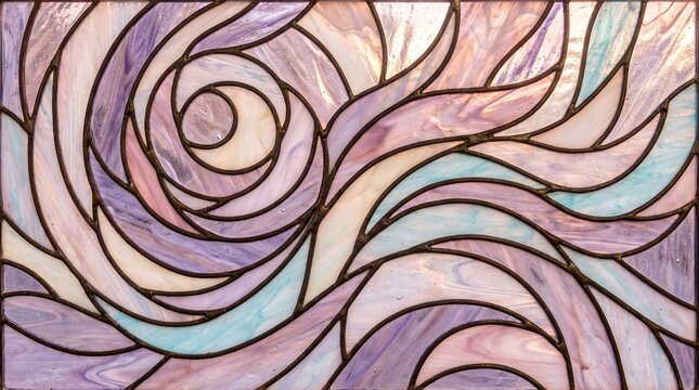 Abstract stained glass window with swirling purple and blue patterns held by dark metal cames