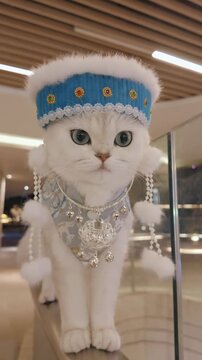 Adorable white cat wearing traditional Chinese festive costume and blue fur hat captured in high quality cinematic motion video footage