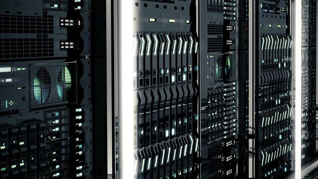 Data center server room racks with glowing white neon status lights, slow camera forward movement into futuristic mainframe supercomputer loop animation for cloud computing artificial intelligence