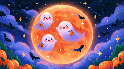 Fototapeta premium Cute ghost family floating in front of an orange full moon at night 
