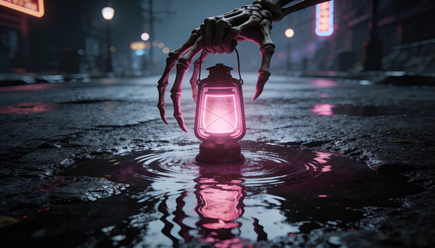 Skeleton Hand Holding Glowing Lantern, Ground Level Angle Cyberpunk Street, Spooky Neon Light Night Scene, Dark Fantasy Horror Concept, Halloween Vintage Oil Lamp Puddle Reflection Water Ripple.