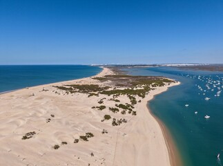 aerial view of the Playa de Camposoto, long sand spit between the Atlantic Ocean and the Cano de Sancti Petri near Cadiz and San Fernando, Andalusia, Spain © keBu.Medien