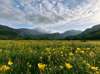 Fototapeta premium Colorful buttercup meadow filled with flowers and mountains