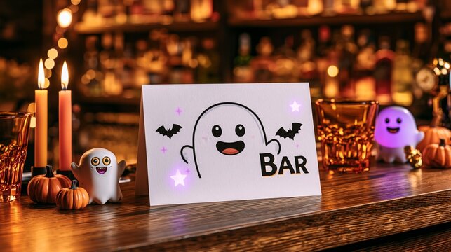 Halloween bar sign with ghost and pumpkins on a festive counter  