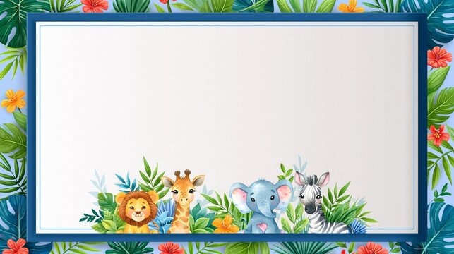 Blank jungle animal invitation card with floral border  