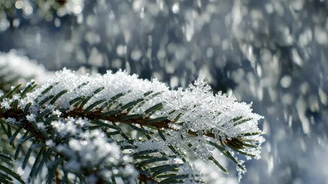 Heavy snowfall falling on pine tree branches in winter forest, macro close-up of snowflakes and evergreen needles, seasonal christmas background