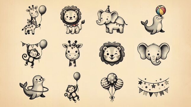 Cute cartoon animal set featuring baby lion elephant monkey and giraffe with party decor.