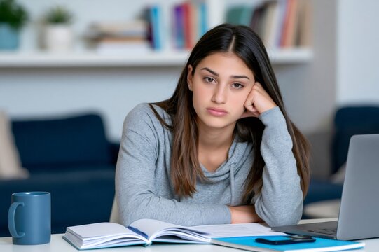 Bored young student feeling tired studying at home