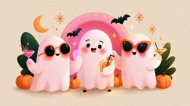 Three pink ghost characters holding drinks with pumpkins and moon  