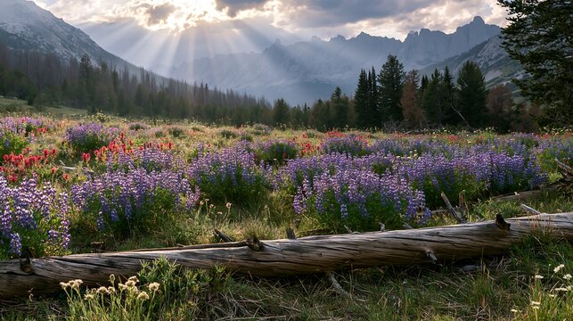 Crepuscular rays meadow with vibrant wildflowers and mountains