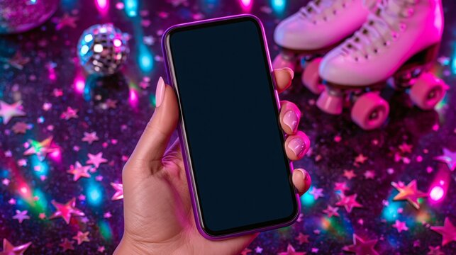 Hand holding smartphone with blank screen beside roller skates  