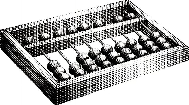 Vintage wooden abacus 3d rendering with black halftone dot pattern for educational concept.