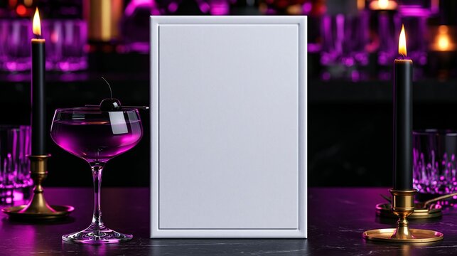Blank menu card standing on bar counter with wine glass and candles  
