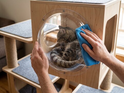 Cleaning Transparent Acrylic Cat Condo with Microfiber Cloth.