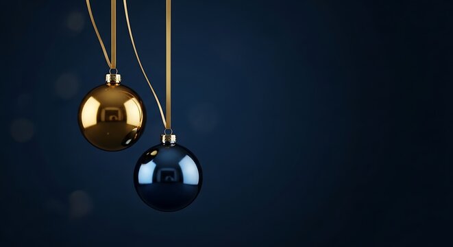 Two hanging gold and blue metallic christmas ornaments on ribbon
