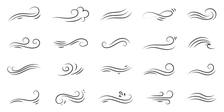 Wind air line effect in doodle style. Hand drawn swirl speed waves, air flow, stormy winds and curve smoke. Set of motion of hurricanes, autumn gusts, and summer breezes, vector illustration
