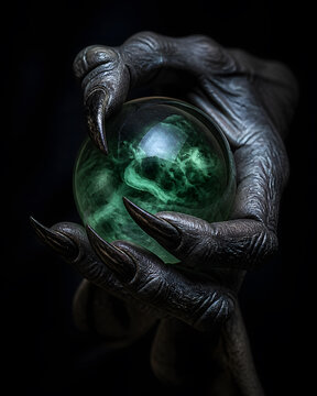 Demon hand holding glowing green crystal orb against dark black mysterious background with sharp claws and magic