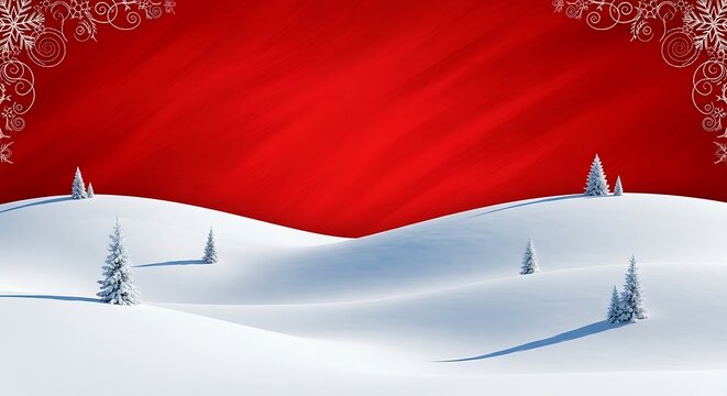 Winter landscape with snow-covered hills and colorful christmas trees under red sky