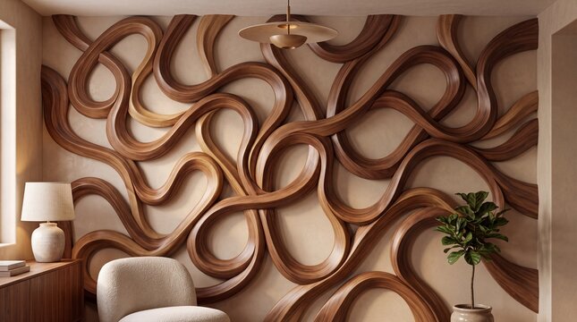 Modern Living Room Featuring Sculptural Wooden Wall Art