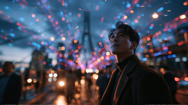 Thoughtful Man Looking Up in Vibrant City Night