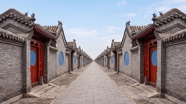 Symmetrical Traditional Chinese Alley with Brick Buildings