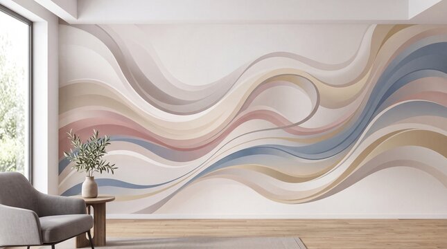 Modern Interior Mockup with Abstract Wavy Wallpaper on Wall