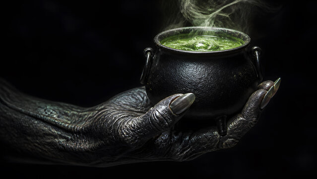 old witch hand holding black cauldron filled with glowing green magic potion in total darkness