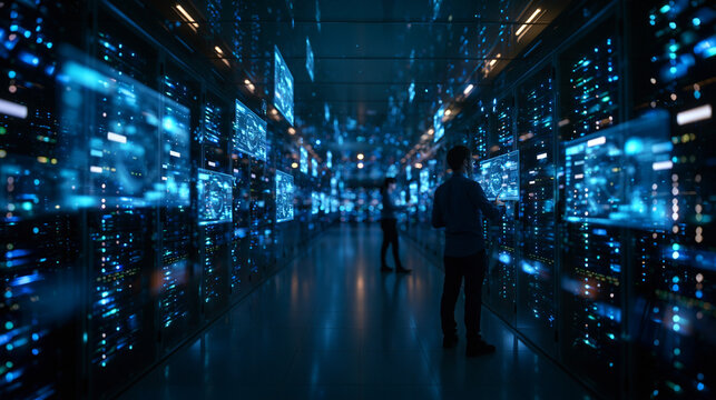 IT Specialists Working in Futuristic Modern Data Center