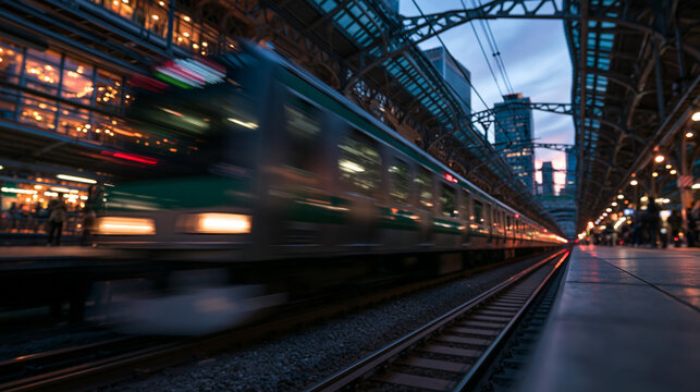 Speeding Train Passing Station Platform at Dusk