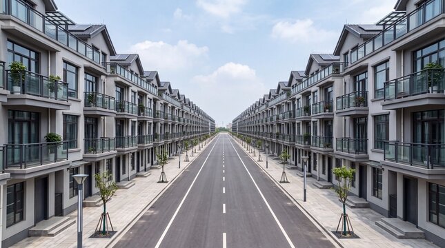 Symmetrical Modern Residential Townhouse Development Street View