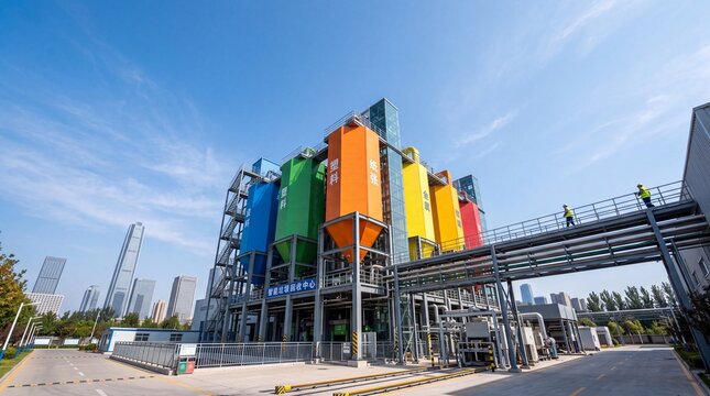 Modern Eco-Friendly Industrial Plant with Colorful Silos