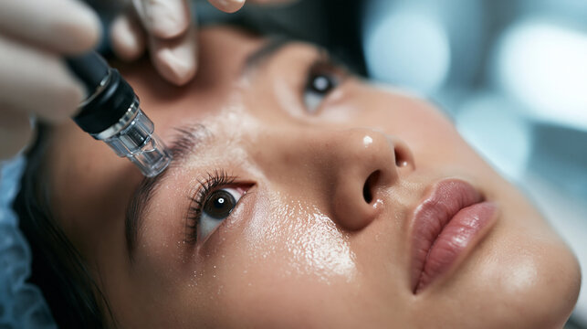 Asian Woman Receiving Microneedling Facial Treatment at Clinic