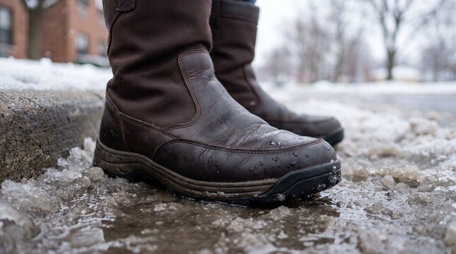 Winter boots pause beside a slushy sidewalk