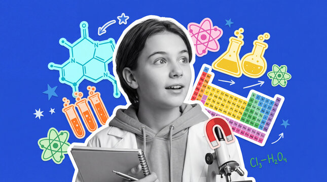 Young student girl fascinated by chemistry science surrounded by chemical formulas, formulas, periodic table, and lab glassware