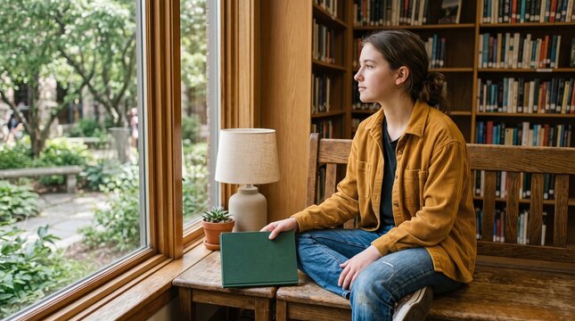 Teen takes a distance gaze break in school library