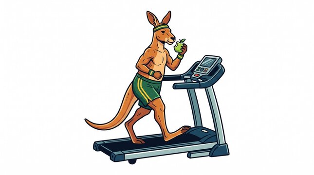 Funny Kangaroo Running on Treadmill Eating Apple Vector Illustration - Gym Fitness Mascot Design
