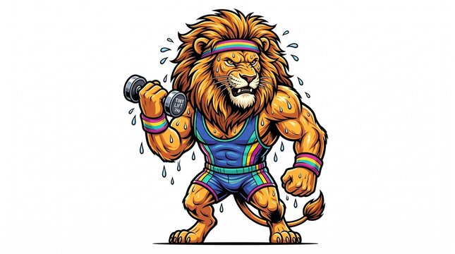 Retro 80s Muscular Lion Gym Workout Vector Illustration - Fitness Weightlifting Mascot Design
