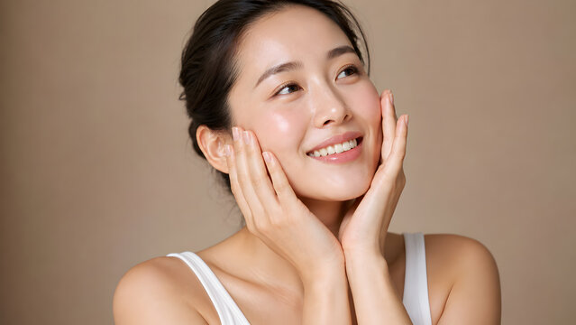 Woman with hair pulled back touching cheeks while smiling upward against warm beige background showing glowing skin