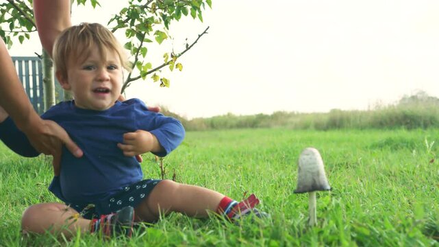 Ground-level view of a wild mushroom in the grass with a toddler standing nearby